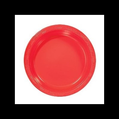 Prato redondo vermelho de plástico com borda decorada