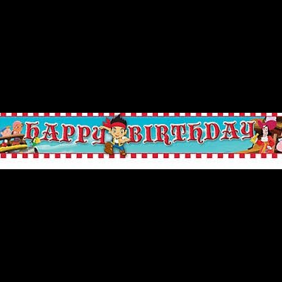 Bandeira azul com texto vermelho 'HAPPY BIRTHDAY' e personagens animados em festa