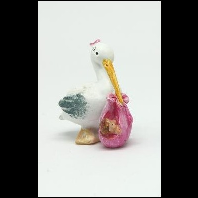 Figurinha de cegonha estatueta com bebé num saco cor-de-rosa