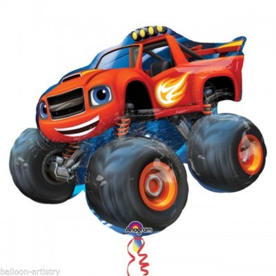 Balão em forma de jipe gigante animado laranja e azul com rodas grandes