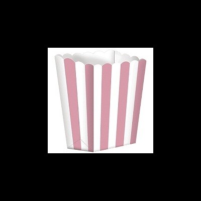 Caixa de pipocas rosa e branca com riscas verticais