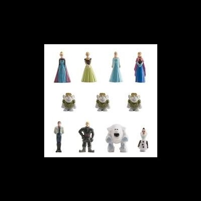Miniaturas de personagens da coleção Frozen em três linhas, sobre fundo branco.