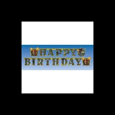 Faixa 'HAPPY BIRTHDAY' com padrão camuflado e caveiras