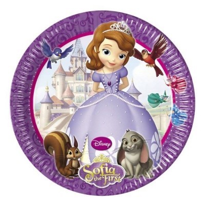 Prato descartável roxo com personagens Sofia the First e castelo
