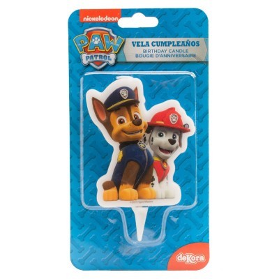 Vela de aniversário da Patrulha Pata com personagens Chase e Marshall embalada