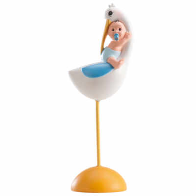 Figura decorativa de bebé em cegonha com suporte amarelo