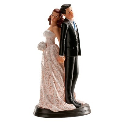 Figuras decorativas de noivos em resina, noivo em fato preto e noiva em vestido branco com padrão dourado