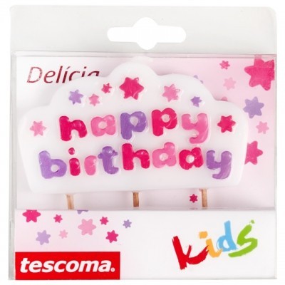 Vela para bolo de aniversário com texto 'happy birthday' em cores pastel e estrelas decorativas.