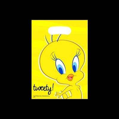 Desenho animado da personagem Tweety em amarelo com olhos azuis e texto 'tweety!'