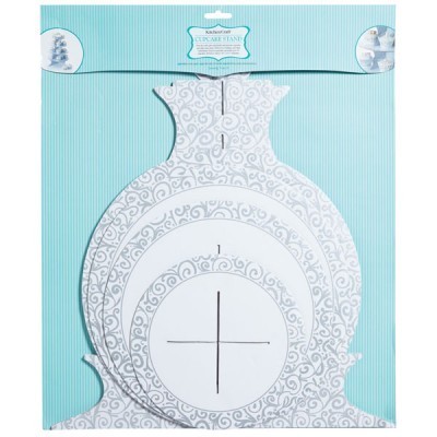 Suporte para cupcakes branco com padrão cinzento e embalagem azul