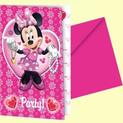 Cartão de convite Party com Minnie Mouse em fundo rosa e envelope rosa