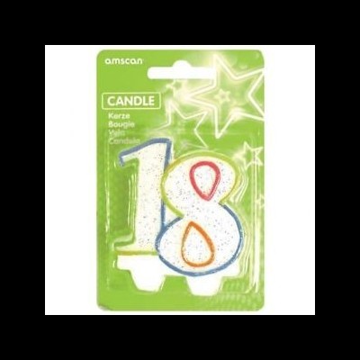Vela de aniversário número 18 decorada com glitter em embalagem verde
