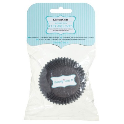 Pacote de formas para cupcakes preto em embalagem plástica transparente com etiqueta azul clara e branca