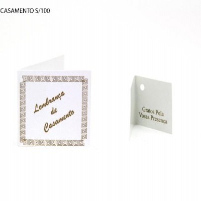 Etiquetas para casamento em papel branco com texto em dourado e cinza