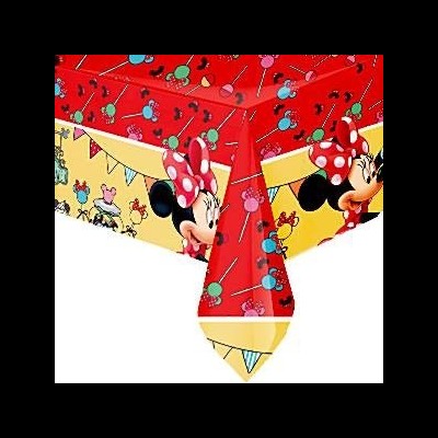 Toalha de mesa decorativa com imagens da Minnie Mouse e cores vermelho e amarelo