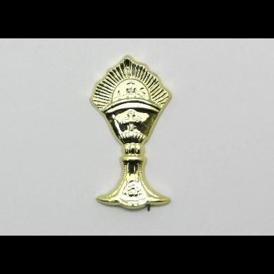 Pin metálico dourado em forma de cálice com hóstia e texto IHS.