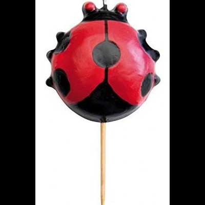 Objeto decorativo em forma de joaninha vermelha e preta com vara de madeira