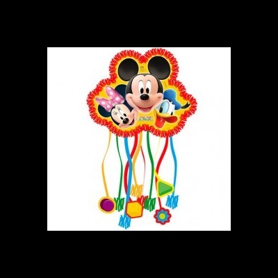 Brinquedo infantil com personagens Mickey, Minnie e Pato Donald e fitas coloridas