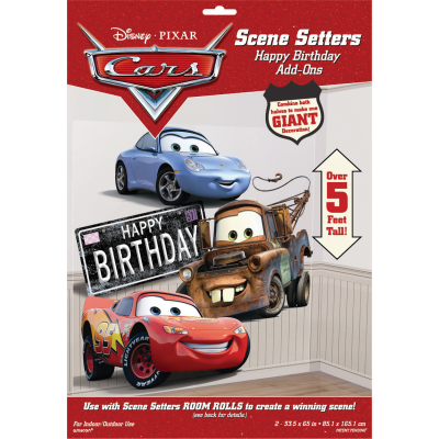 Produto Disney Pixar Cars Scene Setters Happy Birthday Add-Ons para decoração de festa com carros animados e texto de aniversário.