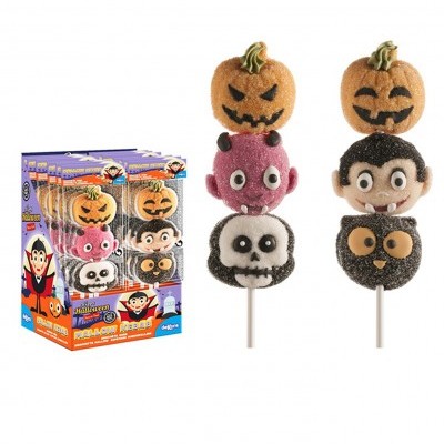 Pirulitos temáticos de Halloween com abóboras, caveiras e personagens, embalagem colorida com vampiro.