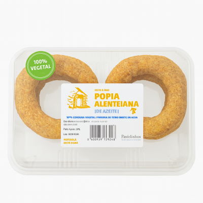 Embalagem com dois alimentos em forma de argola castanhos claros e etiqueta com texto sobre o produto