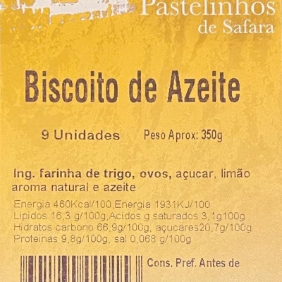 Embalagem amarela de biscoitos de azeite com texto descritivo e código de barras