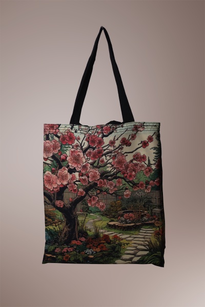 Saco de tecido com estampa de árvore florida rosa e jardim