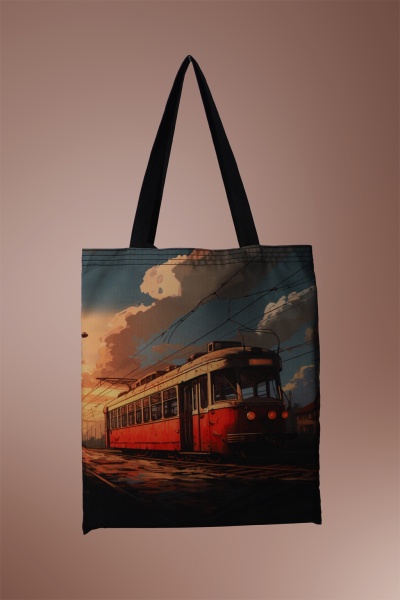 Saco de tecido com estampa de elétrico vermelho ao pôr do sol