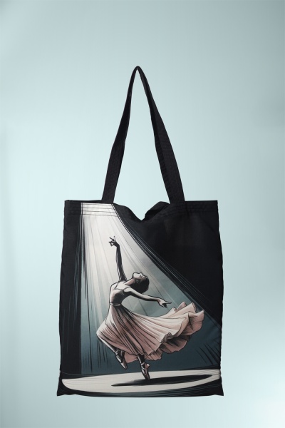 Saco de tecido preto com ilustração de bailarina em palco