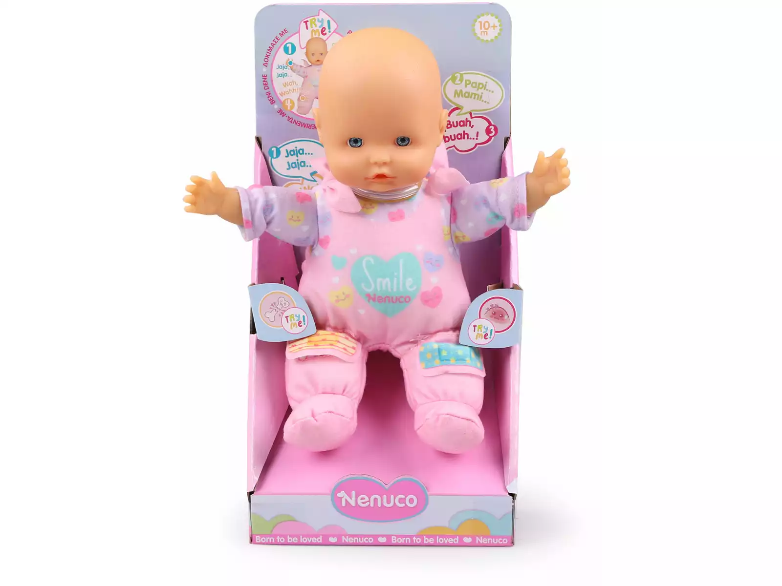 Nenuco Bebé Pensos com Sons Boneco bebé Nenuco com roupa rosa e lilás em embalagem rosa