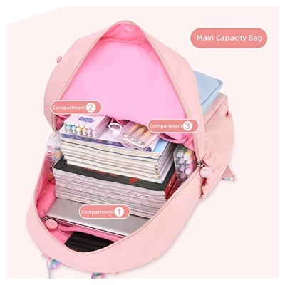 Mochila cor-de-rosa aberta com compartimentos etiquetados e materiais escolares dentro