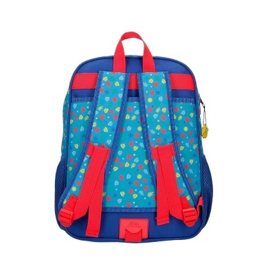 Mochila infantil azul com padrão floral e detalhes vermelhos