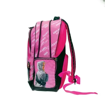 Mochila rosa e preta com bolso frontal estampado e texto em padrão branco