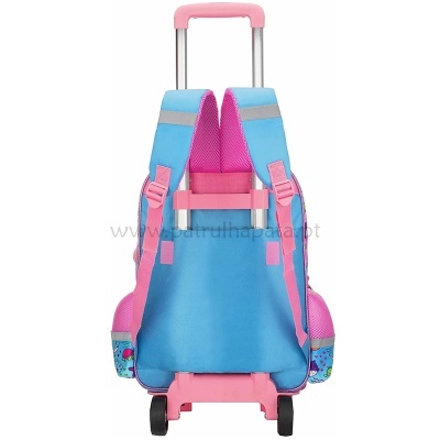 Mochila infantil azul com detalhes cor-de-rosa e rodinhas, vista traseira