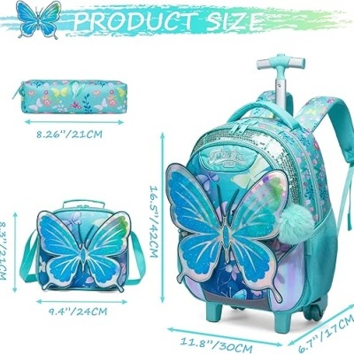 Conjunto Escolar Trolley Borboleta 3D - Trolley + lancheira + porta-lápis