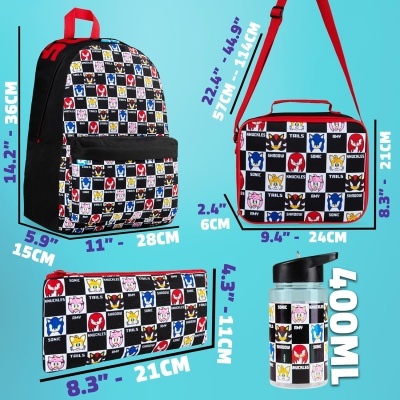 Conjunto Escolar Sonic - Mochila + lancheira + garrafa + estojo
