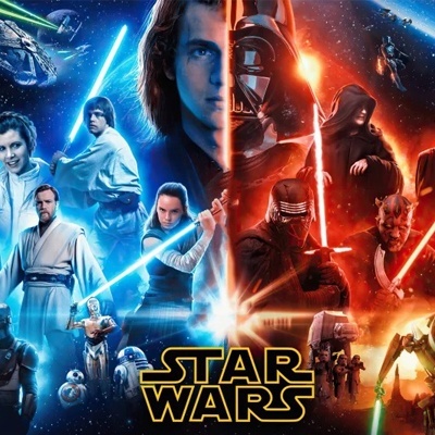 Imagem promocional Star Wars com personagens e sabres de luz azul e vermelho
