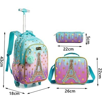 Conjunto mochila com carrinho, lancheira e estojo com Torre Eiffel e padrão de pontos em azul, roxo e dourado