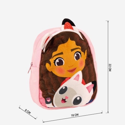 Mochila infantil rosa com ilustração de rapariga e gato