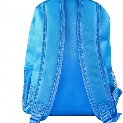 Mochila azul vista por trás com alças acolchoadas e bolso lateral em rede