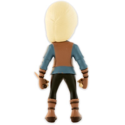 Figura de ação loira com roupa azul, castanha e preta, vista de costas.