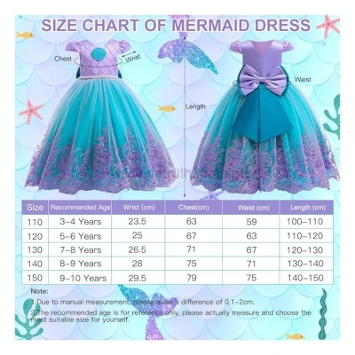 Vestido de sereia azul e lilás para crianças com tabela de tamanhos ao fundo