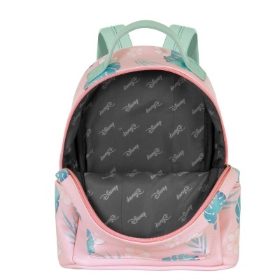 Mochila infantil rosa com estampas e interior com logótipos Disney