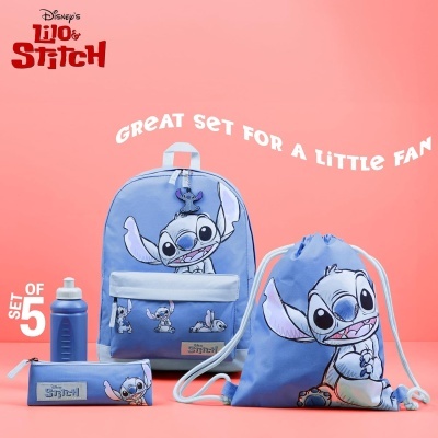 Conjunto Escolar Stitch - Mochila + Saco + Garrafa + Porta-lápis + porta-chaves