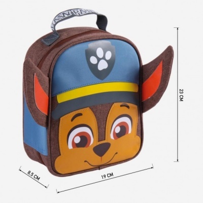 Mochila infantil azul e castanha com orelhas e rosto da personagem Chase da Paw Patrol