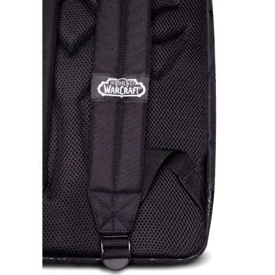 Alça de mochila preta com texto WORLD OF WARCRAFT bordado