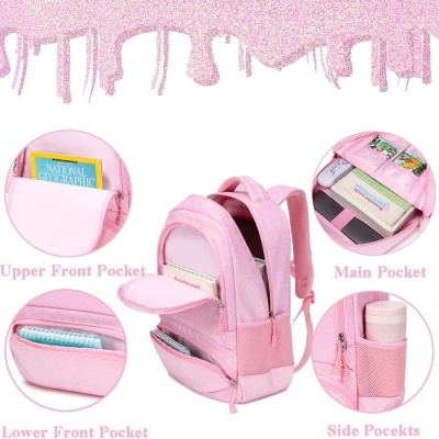 Mochila rosa com vários bolsos organizadores para livros e acessórios