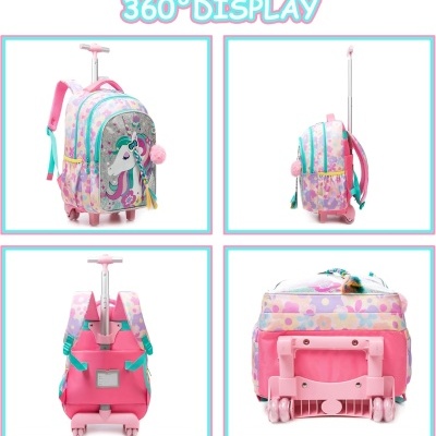 Mochila com rodas e estampado de unicórnio em várias vistas