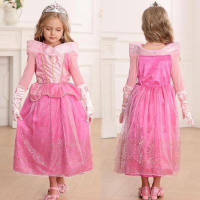 Vestido de princesa rosa com gola estruturada e tiara, visto de frente e costas