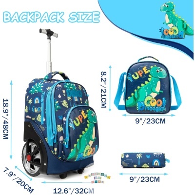 Mochila azul com estampa de dinossauro e texto 'SUPER COOL DINOSAUR' com carrinho, lancheira e estojo